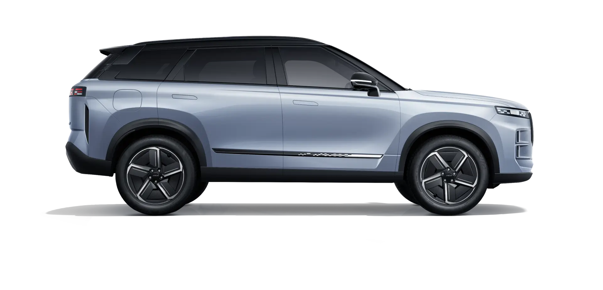 A side view of a JAECOO J7 Luxury SUV in silver, with windows, black rims, and red brake calipers, parked against a black background.